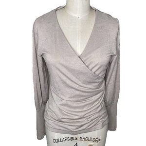 Ann Taylor Surplice Neck Ruched Waist Bishop Sleeve Shimmer Sweater XS Beige